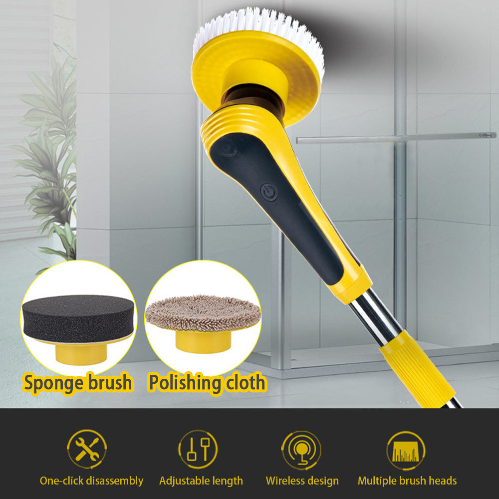 Yellow cleaning brush with attachments on a gray tiled wall background