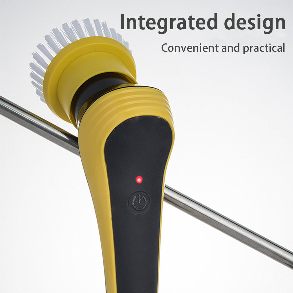 Yellow and black cleaning tool with a red light on a white background