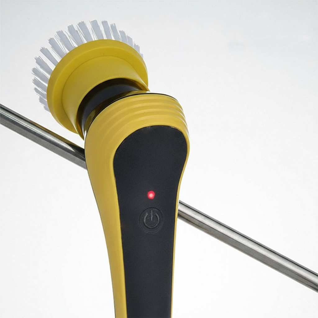 Yellow and black kitchen brush with bristle head on a white background