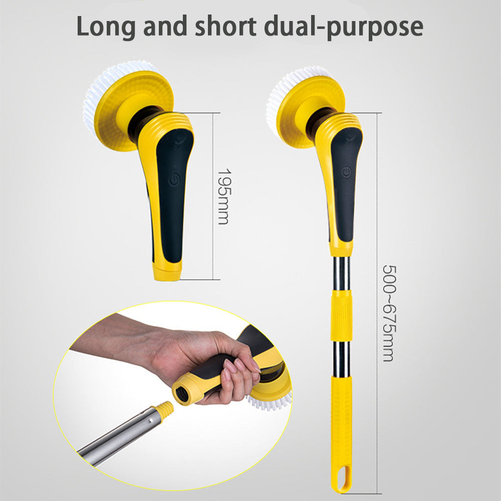 Yellow and black dual-purpose cleaning brush with measurements on a gray background