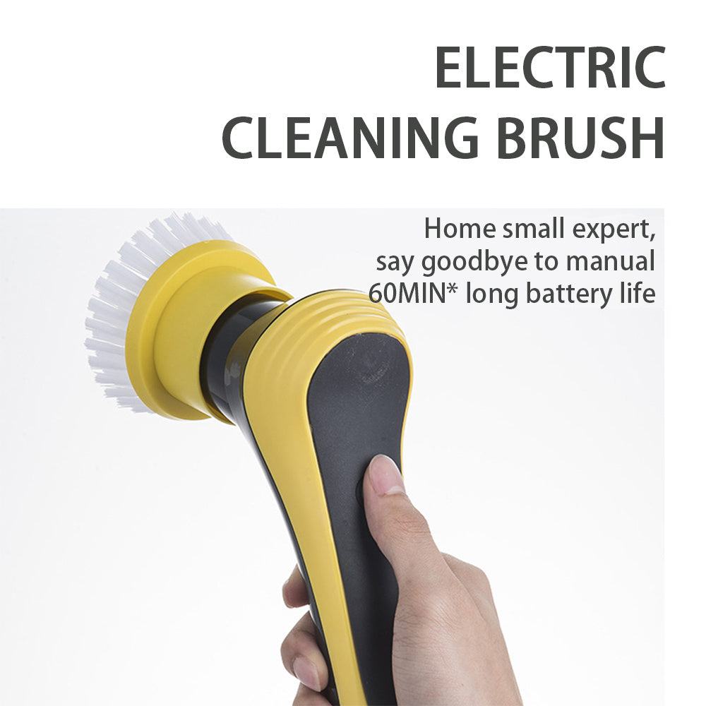 Electric cleaning brush held by a hand with text highlighting its features on a white background