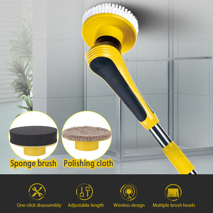 Yellow cleaning brush with attachments on a gray tiled wall background