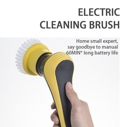 Electric cleaning brush held by a hand with text highlighting its features on a white background